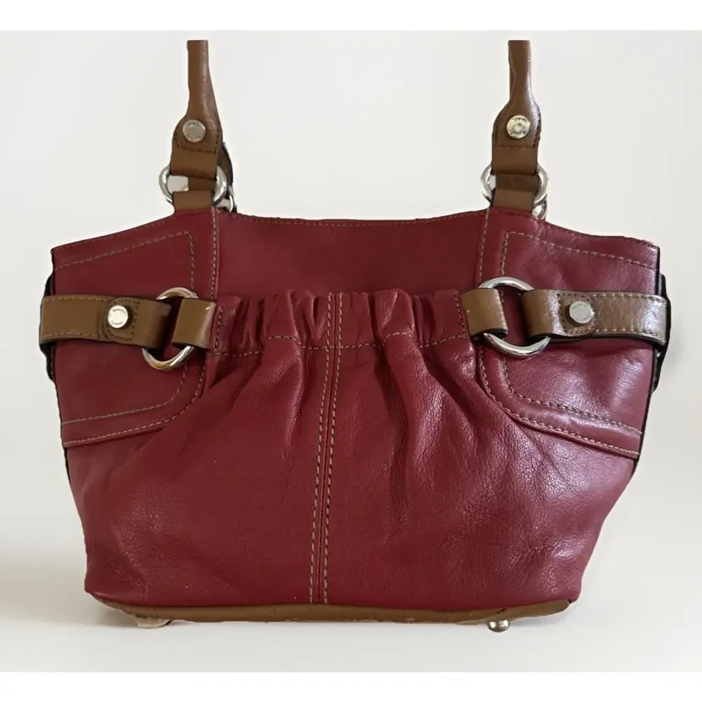 Tignanello Red Leather Hobo Bag Vintage Ruched Shoulder Purse Handbag Brown Trim
